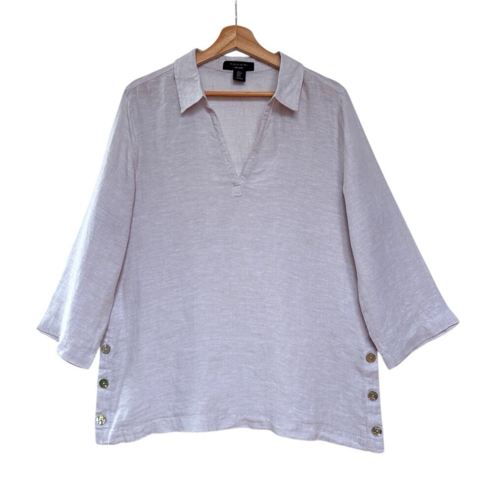 Tahari 100% Linen Popover Tunic M Shell Buttons Gray Coastal Minimalist Resort